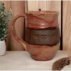 Rustic Hand Sculpted Belly Mug Artist Signed Terracotta Matte Glaze Carved Boho